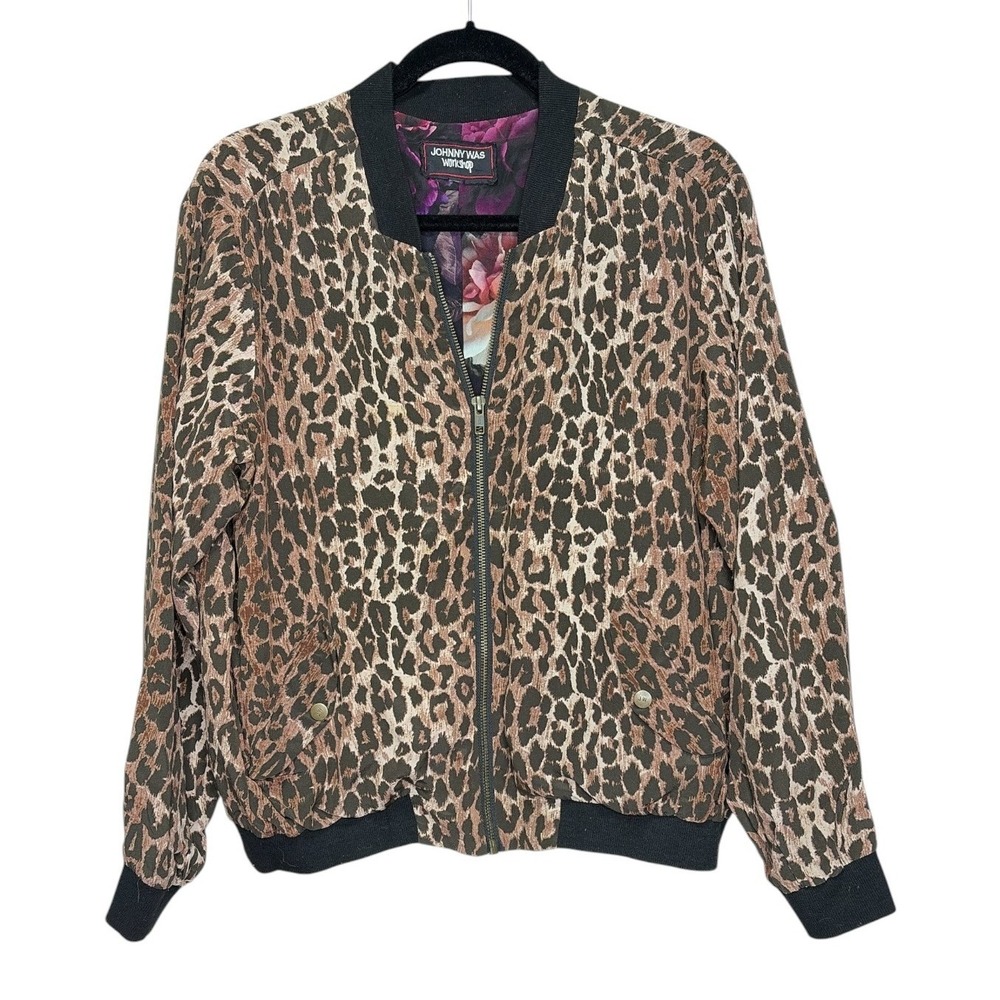 Johnny Was Workshop Leopard Print Bomber Jacket Floral‎ Lining Brown Black Small